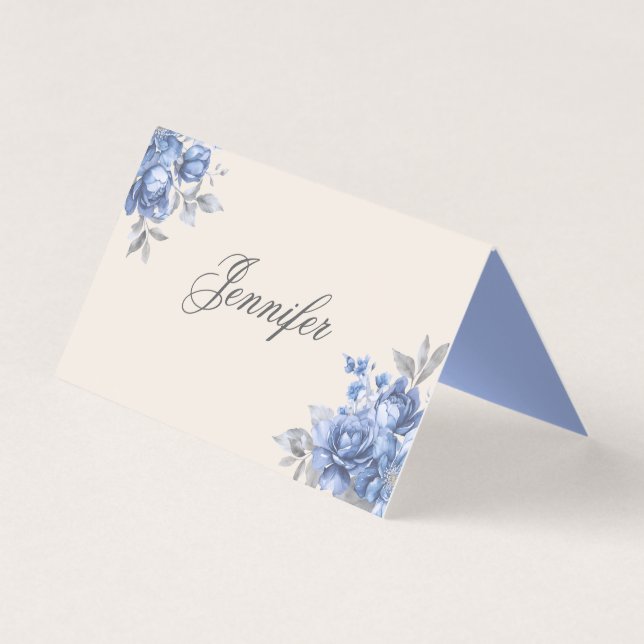 Carte de Table Élégante pour Mariage Fleur Bleu Po (Front)