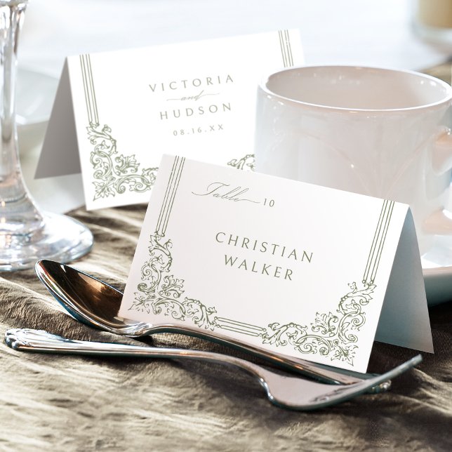 Carte de table élégante vintage vert sauge pliable (Sage Green Elegant Vintage Foldable Place Card)