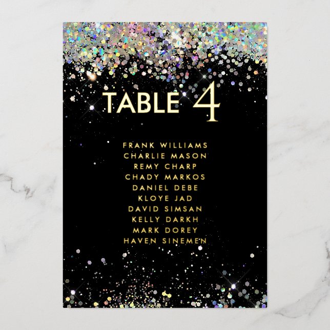 Carte de table en feuille noire moderne et scintil (Recto)