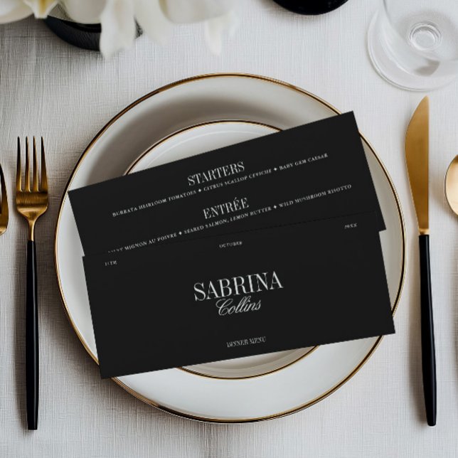 Carte de table et menu de mariage élégant noir et  (Elegant Black & White Wedding Place Card & Menu)