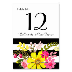 Carte de table Fleurs rayées noir et blanc jaune