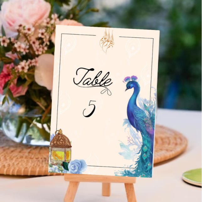 carte de table illustrée de style paon (Illustrated Peacock Bismillah table Sign)