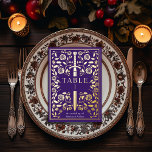 Carte de table Mariage d'épée médiévale violette<br><div class="desc">Célébrez votre journée spéciale avec ce Mariage d'épée médiévale royale. Le design au dos de cette carte n'est PAS de la vraie feuille d'or. Les articles sont imprimés exactement comme ils apparaissent à l'écran. *** COMMENT COMMANDER *** S'il vous plaît customiser et ajouter chaque carte de numéro de table à...</div>