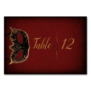 Carte de table Mariage Masquerade rouge et or