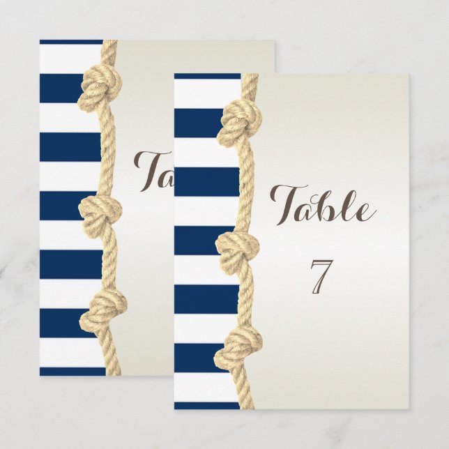 Carte de table mariage plage corde navy, cœurs, ra (Devant / Derrière)