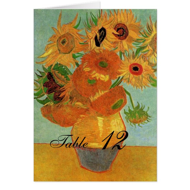 Carte de table mariage, vase avec douze tournesols (Devant)