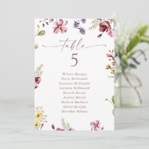 Carte de table numéro mauve fleur sauvage