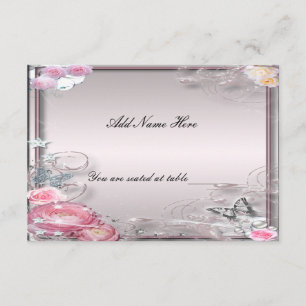 Carte de table papillon et fleurs roses