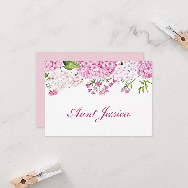 Carte de table plate à l'hydrangea rose (Devant/Arrière en situation)