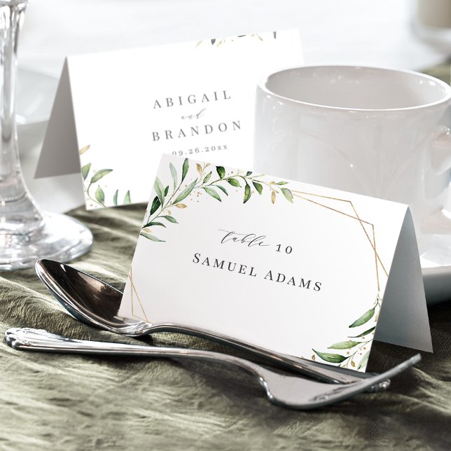 Carte de table pliable géométrique de verdure mode (Modern Greenery Gold Geometric Foldable Place Card)