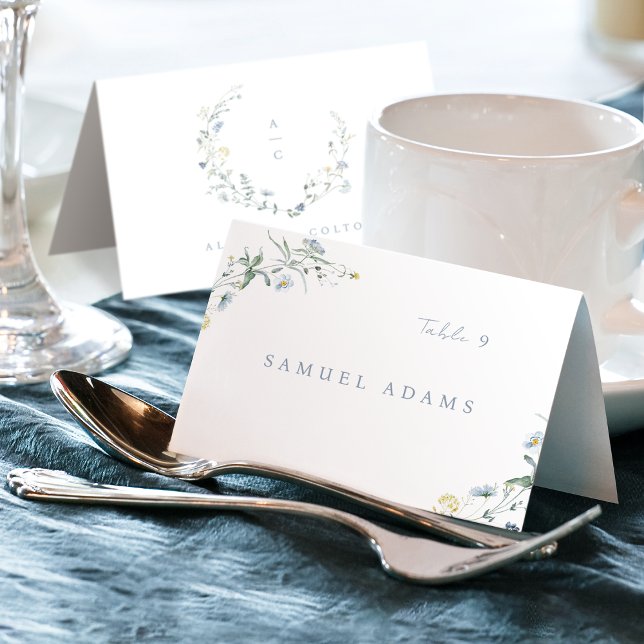 Carte de table pliable rustique bohème à fleur sau (Blue Wildflower Rustic Boho Foldable Place Card)