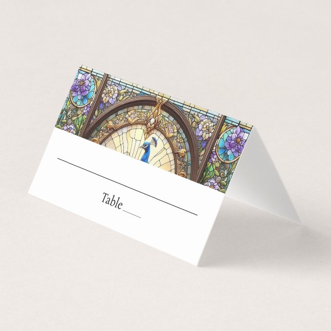 Carte de table pliée à plumes de paon (Front)