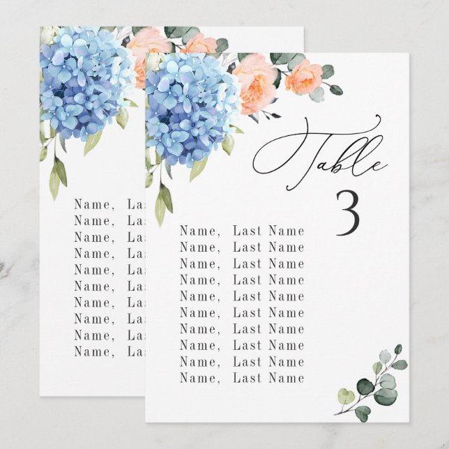 Carte de tableau Blue Hydrangea Numéro de siège Ca (Devant / Derrière)