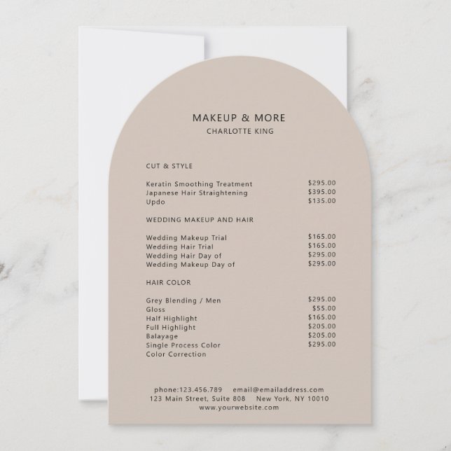 Carte de tarification de salon beige-marron minima (Devant)