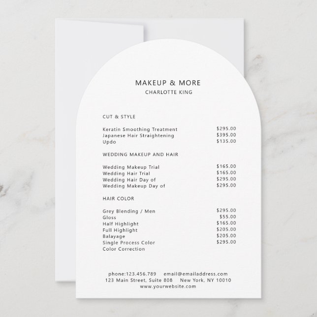 Carte de tarification de salon moderne, minimalist (Devant)