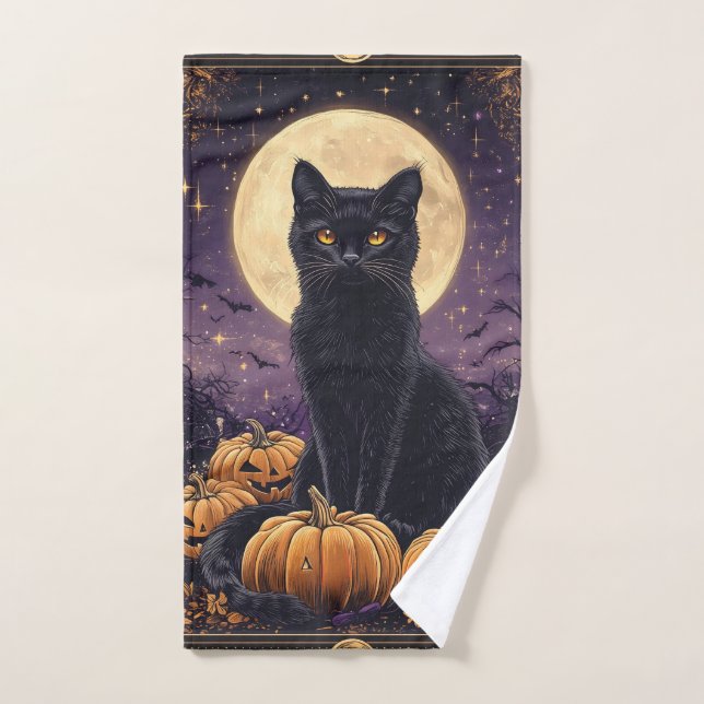 Carte de tarot thématique Halloween avec un chat n (Serviette à main)