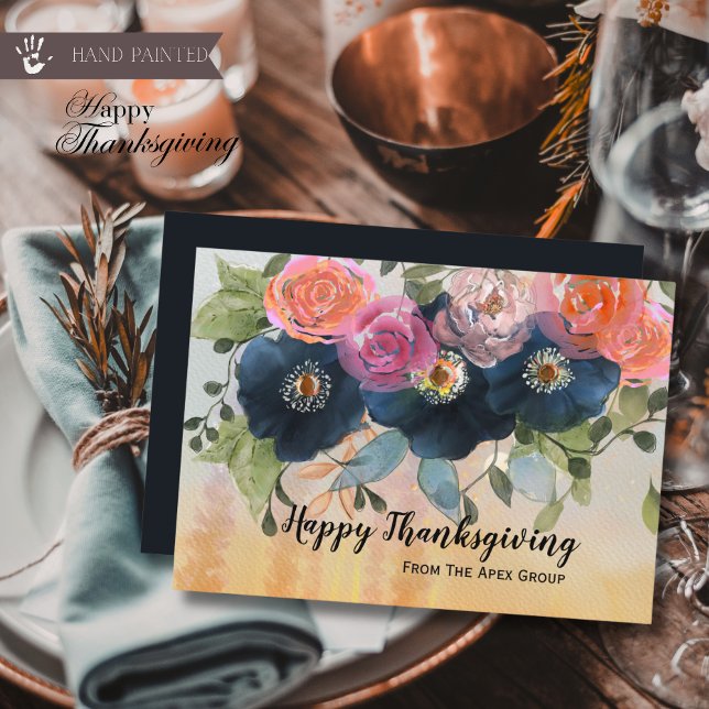 Carte de Thanksgiving d'entreprise Fleurs Bleu Nui (Navy Blue and Peach Floral Corporate Thanksgiving Holiday Card)