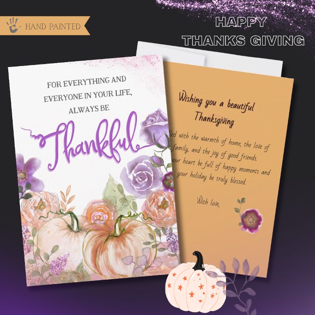 Carte de Thanksgiving florale à la citrouille pour (Purple and Peach Pumpkin Floral Thanksgiving Card)