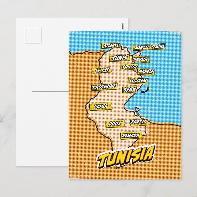 Carte de Tunisie illustrée dans le style Pop Art (Devant / Derrière)