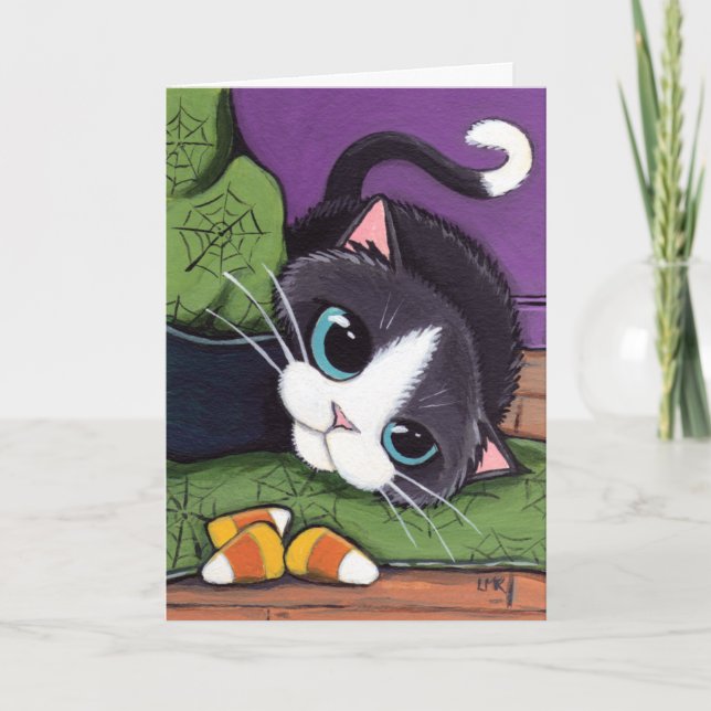 Carte de Tuxedo Cat Witches Hat & Candy Corn Hallo (Devant)