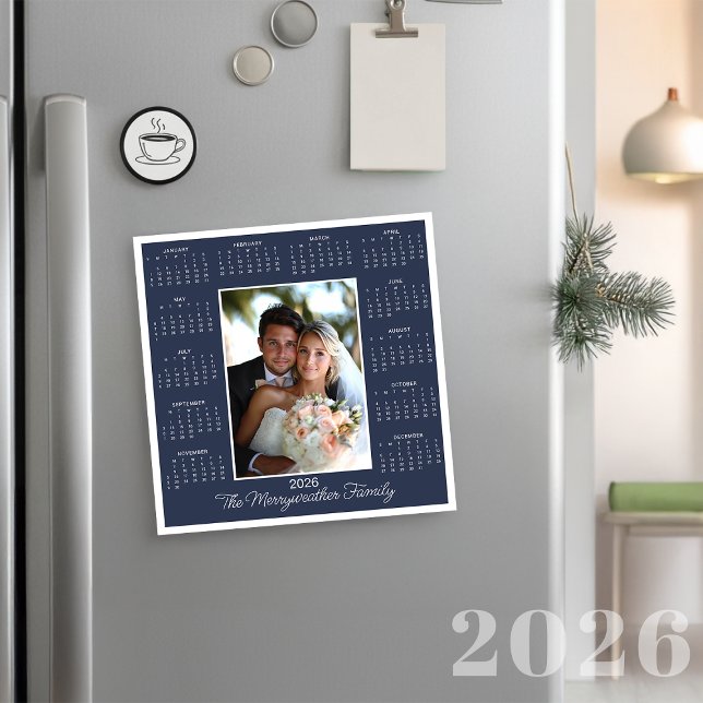 Carte de vacances 2026 Photo Bleue Calendrier magn (2026 Navy Blue Photo Magnetic Calendar Holiday Card)