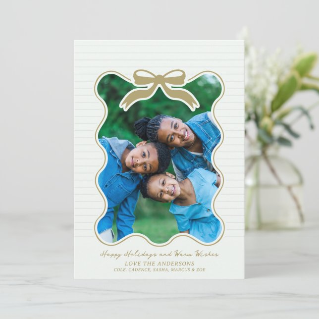 Carte de vacances à charpente ronde Pinstripe Bow (Debout devant)