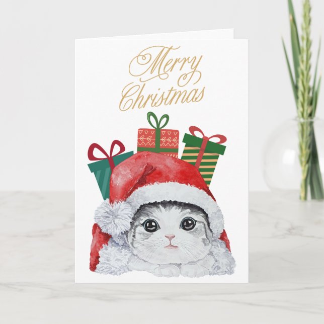 Carte de vacances à l'aquarelle de Kitty Santa mig (Devant)
