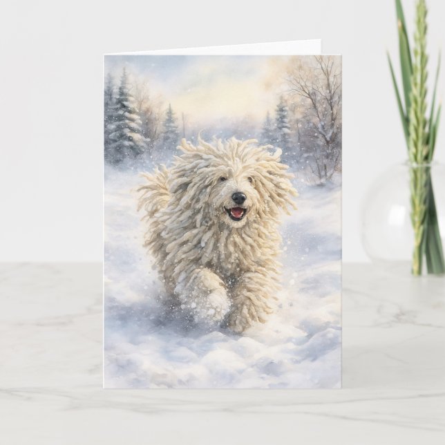 Carte de vacances à l'aquarelle Komondor Snow Joy (Devant)