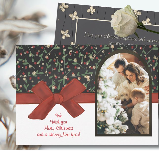 Carte de vacances à plat avec un nœud rouge festif (Watercolor Red Bow & Floral Flat Holiday Card)
