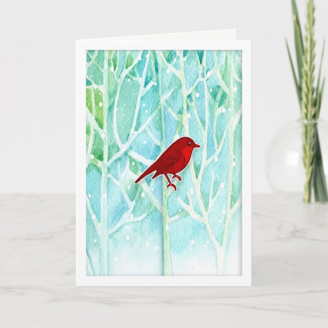 Carte de vacances Arbres à l'aquarelle avec Oiseau (Devant)