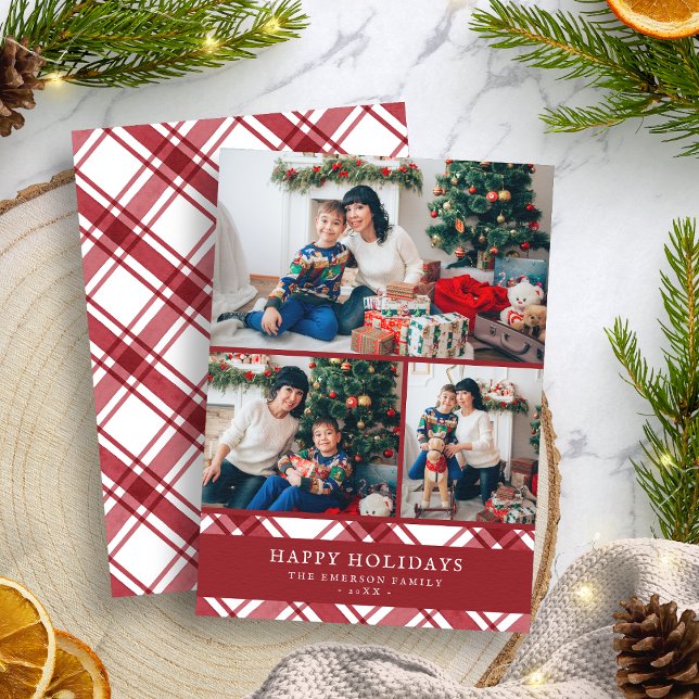 Carte de vacances avec collage de photos Rouge Bla (Red White Holiday Photo Collage Card
)