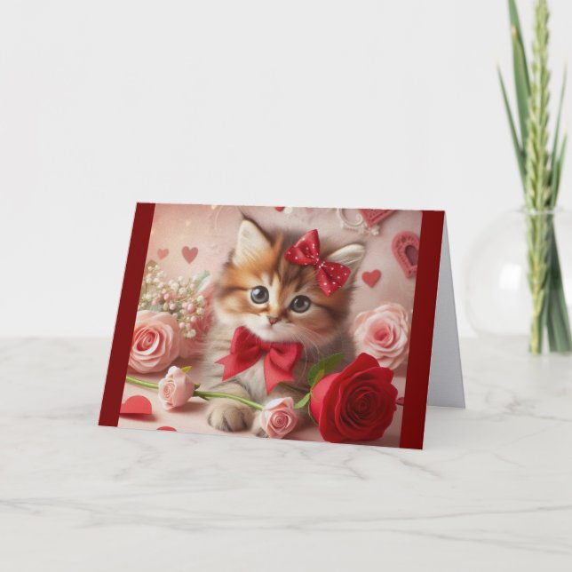 Carte de vacances avec un chaton avec des roses et (Devant)