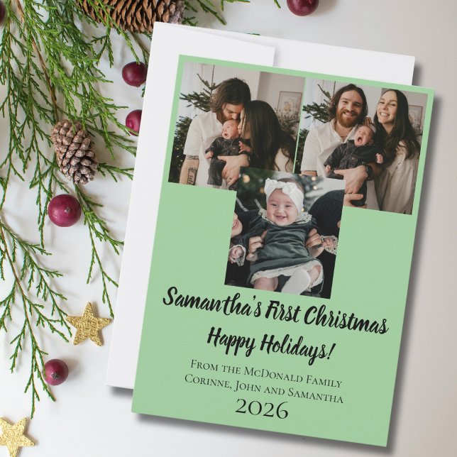 Carte de vacances bébé premier Noël 3 photo nom (Créateur téléchargé)
