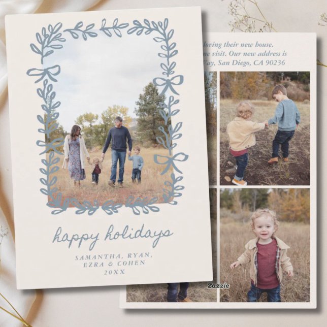 Carte de vacances Blue Bow Botanical Happy Holiday (Créateur téléchargé)