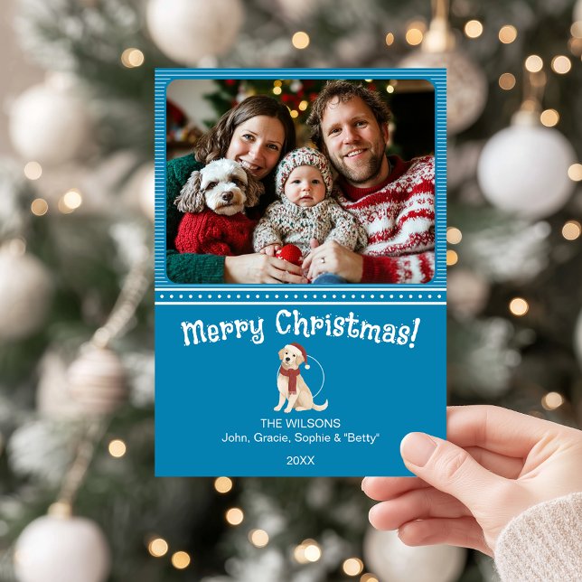 Carte de vacances Blue Merry Christmas Dog Family  (Blue Merry Christmas holiday card with family photo and golden retriever illustration in Santa hat.)