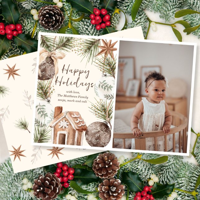 Carte de vacances Boho Ornement Surround Flat (Side by side, a sweet holiday design and your favorite photo.)