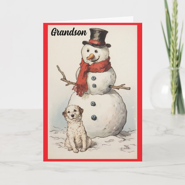 Carte de vacances Bonhomme de neige et chien pour  (Devant)