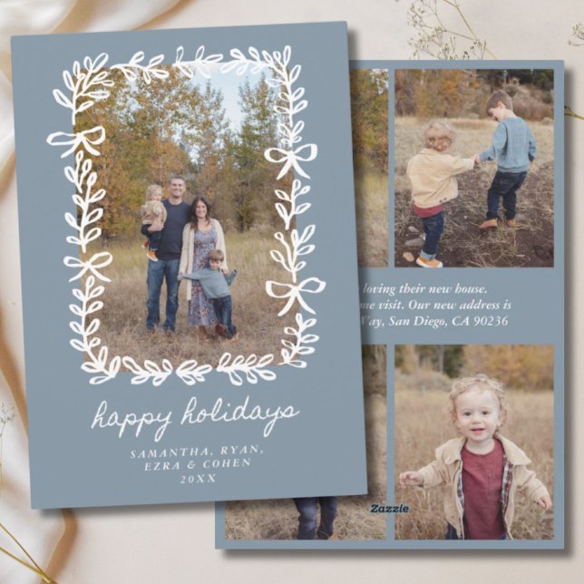 Carte de vacances botanique bleu et blanc Joyeuses (Happy Holidays Card)