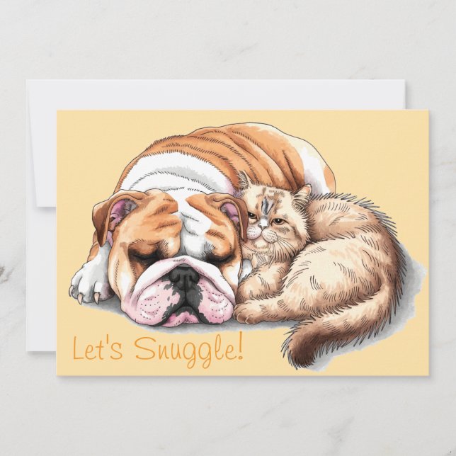 Carte de vacances Bulldog Chien Chat Se Blottir Le (Devant)