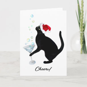 Carte de vacances Chat Noir Buvant un Martini
