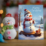 Carte De Vacances Chocolat Chocolat Chaud Snowman<br><div class="desc">Un joyeux bonhomme de neige gelé est assis sur un monticule enneigé. Habillé d'un foulard festif et d'un casquette, tenant une tasse de chocolat chaud d'une main. Des flocons de neige tombent doucement autour de son visage enneigé. Le paysage est planté d'arbres enneigés, créant un charme et un hiver douillet....</div>