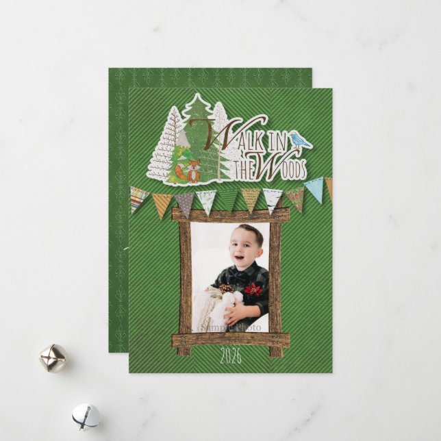Carte de vacances cosy bois Chevron vert (Devant/Arrière en situation)