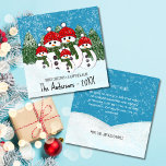 Carte de vacances Cute Snowman Family Five<br><div class="desc">Joyeuse et super mignonne famille de bonhomme de neige de cinq avec une beanie rouge et une écharpe verte debout devant une forêt de pins pendant qu'il neige. Cette illustration a été inspirée par les nombreuses familles de snowmen qui visitent la chaîne de montagnes de Los Angeles Crest pendant les...</div>