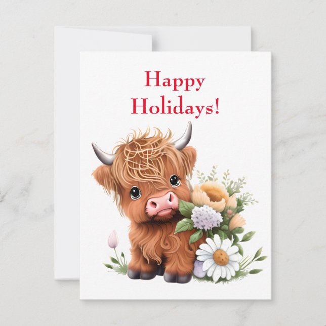 Carte de vacances de bébé vache highland avec des  (Devant)