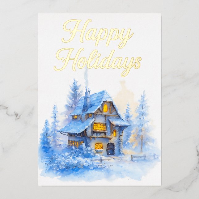 Carte de vacances de cottage d'hiver Scène enneigé (Recto)