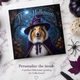 Carte de vacances de Halloween sorcière Collie au