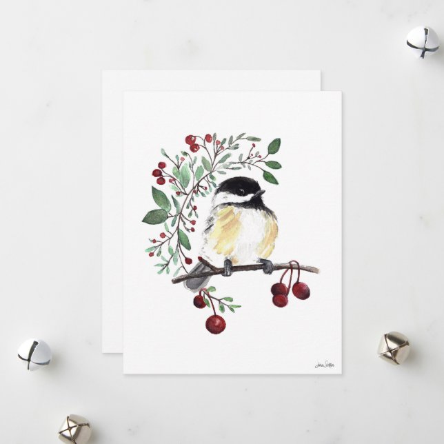 Carte de vacances de l'hiver avec mésange et baies (Devant/Arrière en situation)