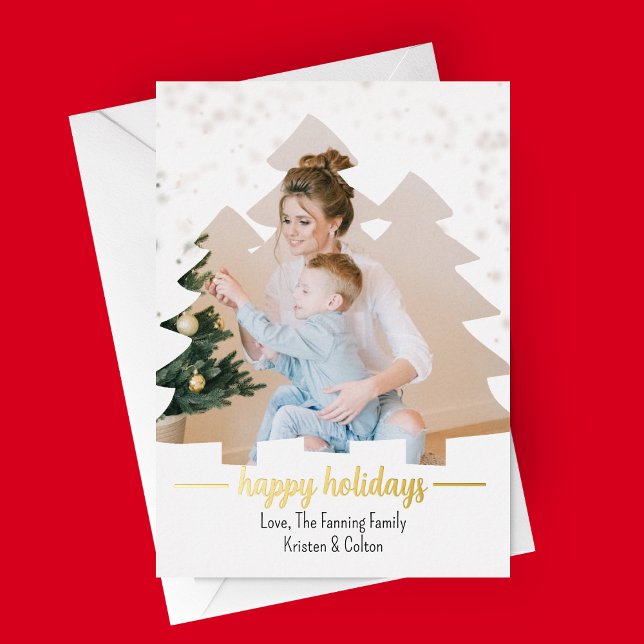 Carte de vacances de Noël Arbre coupé Photo Foil (Christmas Tree Cut Out - Happy Holidays Photo Card - Real Gold Foil)