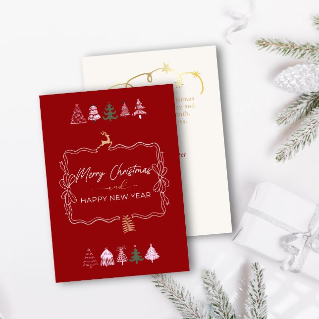 Carte de vacances de Noël Classique Rouge avec Rub (Festive Bow & Tree Doodle Classic Red Holiday Card)