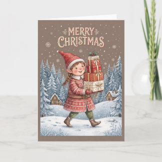 Carte de vacances de Noël de fille lutin de Noël